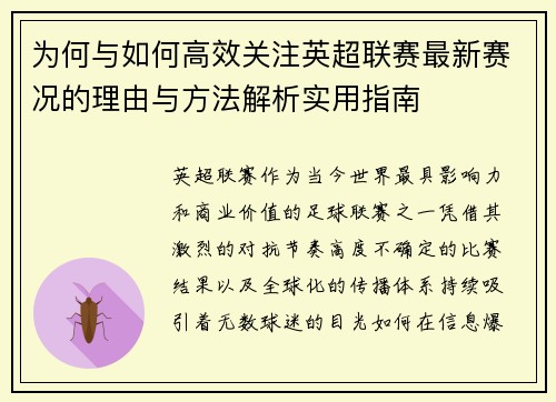 为何与如何高效关注英超联赛最新赛况的理由与方法解析实用指南