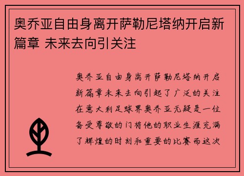 奥乔亚自由身离开萨勒尼塔纳开启新篇章 未来去向引关注