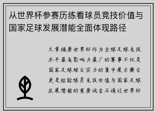从世界杯参赛历练看球员竞技价值与国家足球发展潜能全面体现路径